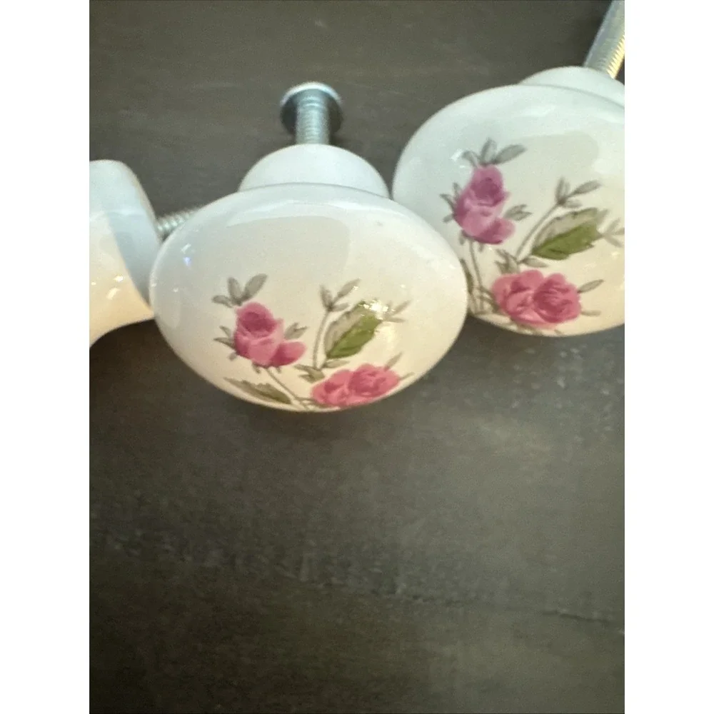 3 Belwith Wildflowers Round Drawer Pull White Porcelain Pink Flowers